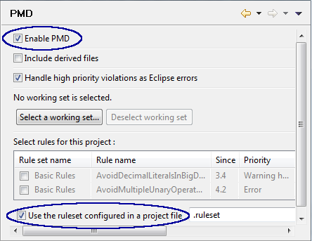 The PMD configuration dialog.