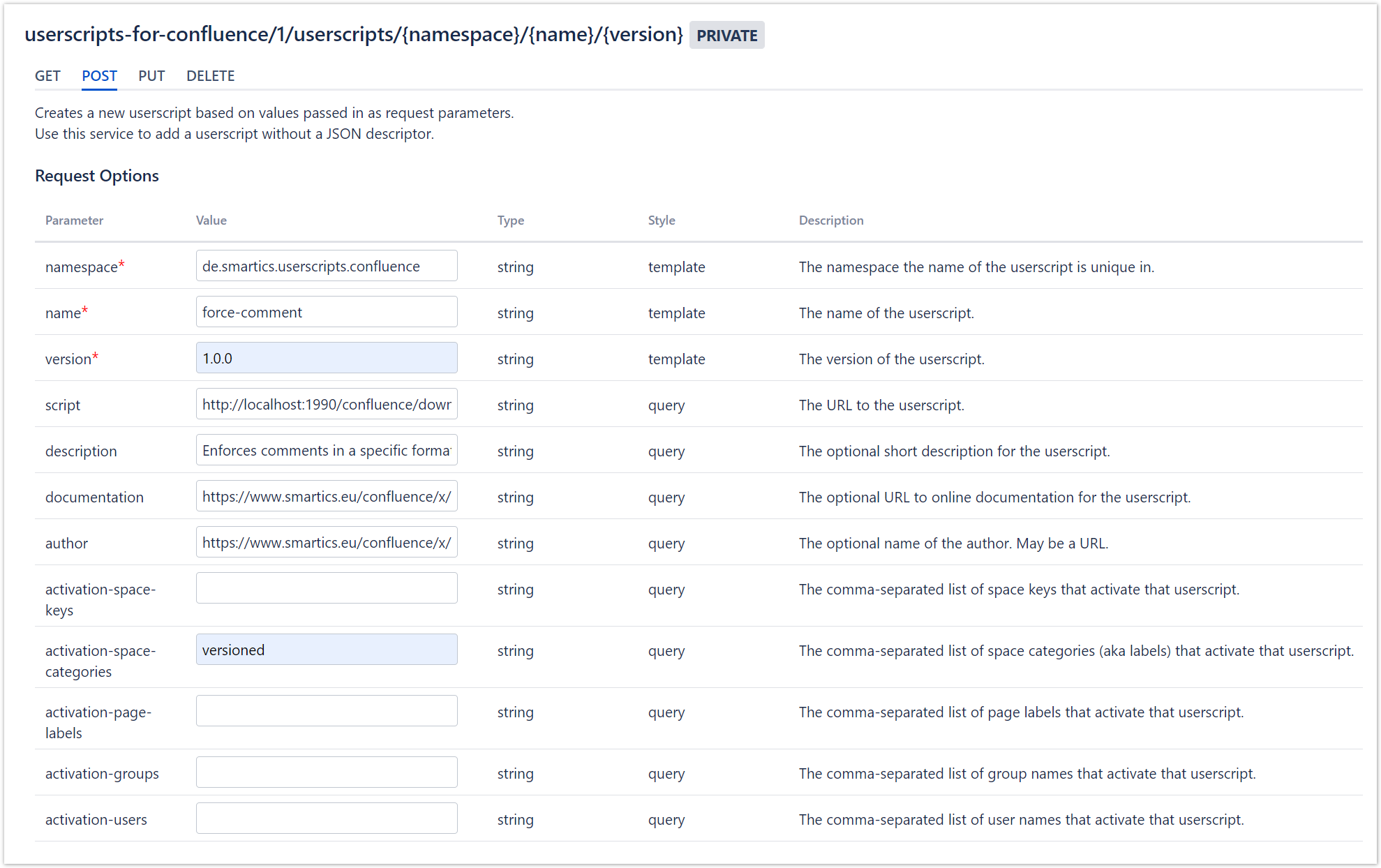 Screenshot of the REST API Browser with the configuration for this userscript.