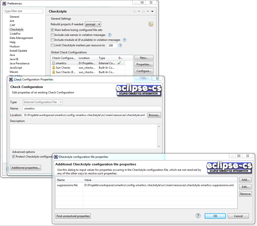 Screenshot of Checkstyle configuration dialogs to set the suppressions.file property.