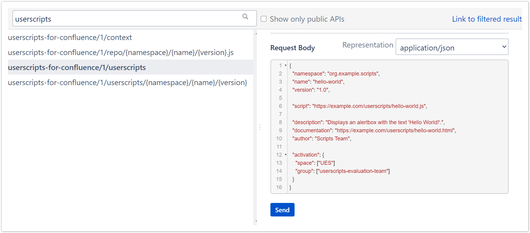 Screenshot showing the userscript in the user interface of the REST API Browser on Confluence.