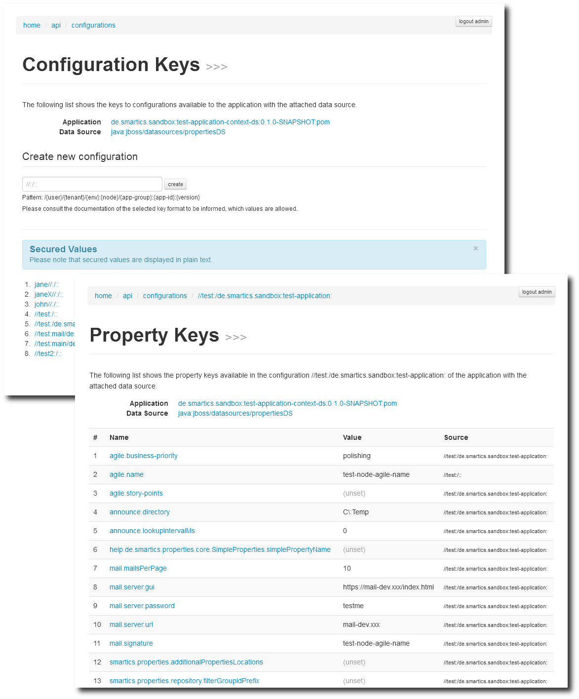 Screenshot showing the list of configuration and property keys