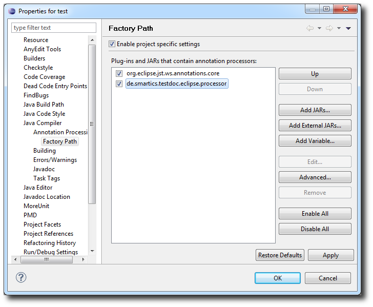 Shows the JDT-APT configuration view for the factory path